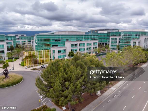 aerial: flying over google buildings in santa clara, silicon valley - jonathan clark stock pictures, royalty-free photos & images