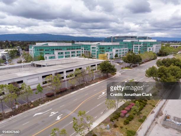 aerial: flying over google buildings in santa clara, silicon valley - jonathan clark stock pictures, royalty-free photos & images