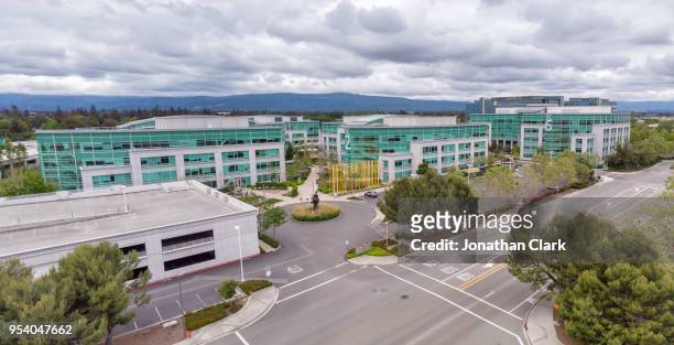 aerial: flying over google buildings in santa clara, silicon valley - jonathan clark stock pictures, royalty-free photos & images