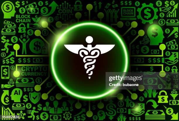 caduceus icon on money and cryptocurrency background - stick figure doctor stock illustrations