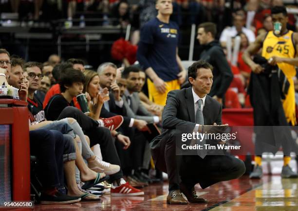 Qui Snyder of the Utah Jazz watches from the sideline in the second half during Game One of the Western Conference Semifinals of the 2018 NBA...