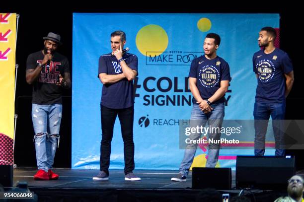 Eagles Malcolm Jenkins and Villanova Wildcats Head Coach Jay Wright on stage during an event with Michelle Obama to promote higher education, at...