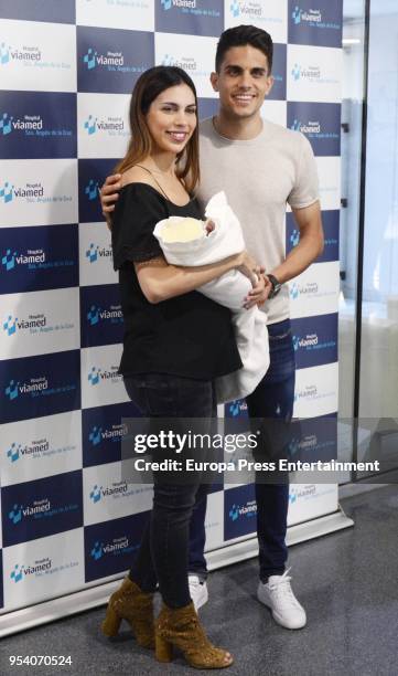 Betis football player Marc Bartra and Melissa Jimenez present their newborn Abril Bartra on April 27, 2018 in Seville, Spain.