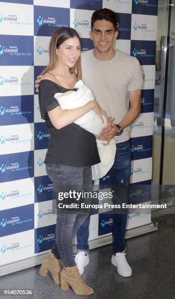 Betis football player Marc Bartra and Melissa Jimenez present their newborn Abril Bartra on April 27, 2018 in Seville, Spain.