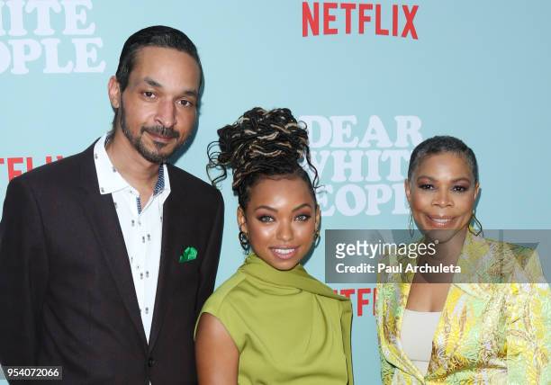 Actress Logan Browning , Brother Chad Browning and Mother Lynda Browning attend the screening of Netflix's "Dear White People" season 2 at ArcLight...