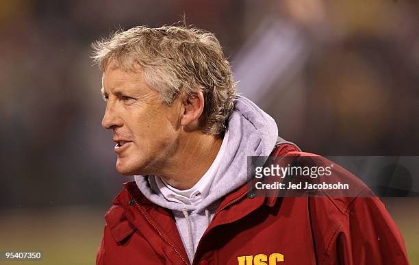 Head coach Pete Carroll of the USC Trojans celebrates against the Boston College Eagles during the 2009 Emerald Bowl at AT&T Park on December 26,...