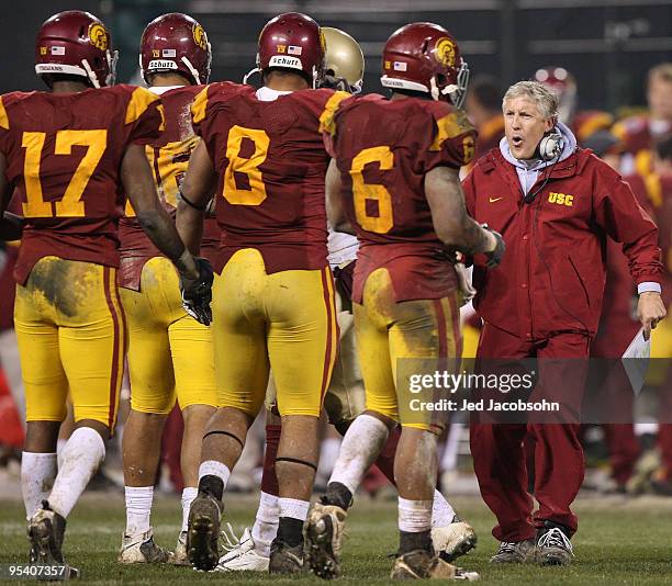 Head coach Pete Carroll of the USC Trojans celebrates against the Boston College Eagles during the 2009 Emerald Bowl at AT&T Park on December 26,...