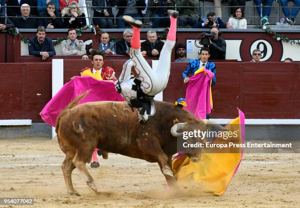 Gonzalo Caballero is gored by a bull during the bullfight festivity Goyesca 2 de Mayo at Las Ventas bullring on May 2, 2018 in Madrid, Spain.