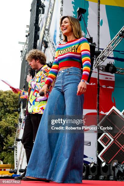 Ambra Angiolini and Francesca Michielin performs on stage on May 1, 2018 in Rome, Italy.