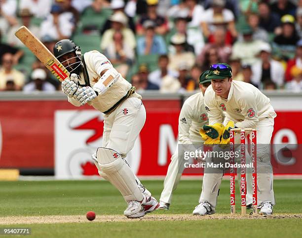 Mohammad Yousuf of Pakistan plays a shot off his pads during day two of the First Test match between Australia and Pakistan at Melbourne Cricket...