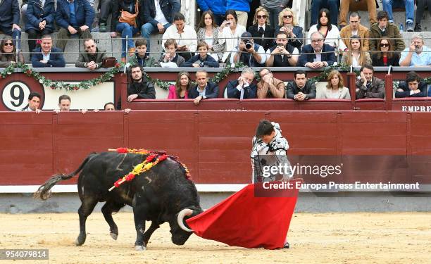 Felipe Juan Froilan de Marichalar is seen while Gonzalo Caballero performs during the bullfight festivity Goyesca 2 de Mayo at Las Ventas bullring on...