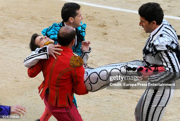Gonzalo Caballero is gored by a bull during the bullfight festivity Goyesca 2 de Mayo at Las Ventas bullring on May 2, 2018 in Madrid, Spain.