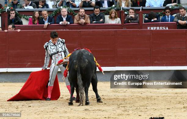 Felipe Juan Froilan de Marichalar and Miguel Abellan are seen while Gonzalo Caballero performs during the bullfight festivity Goyesca 2 de Mayo at...