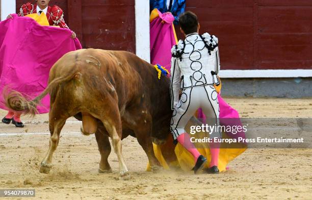 Gonzalo Caballero is gored by a bull during the bullfight festivity Goyesca 2 de Mayo at Las Ventas bullring on May 2, 2018 in Madrid, Spain.