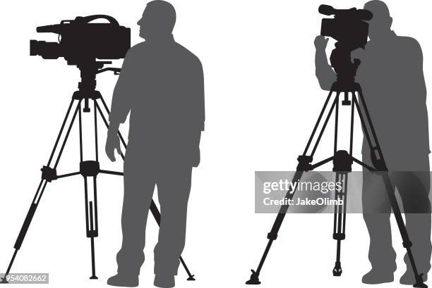 ilustrações de stock, clip art, desenhos animados e ícones de man with news camera silhouettes - camera stand