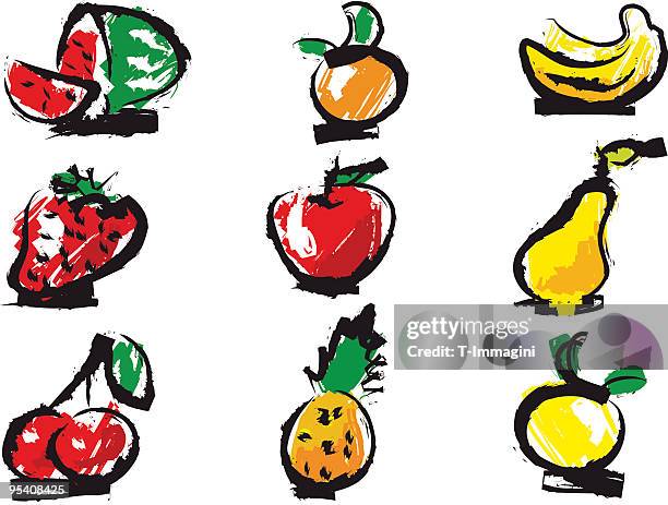 rough fruits set - dark fruit ink stock illustrations