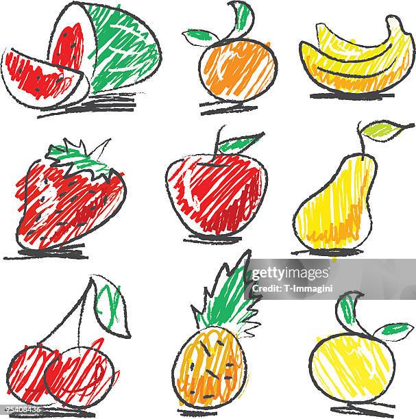 stockillustraties, clipart, cartoons en iconen met naïf fruits set - onschuld