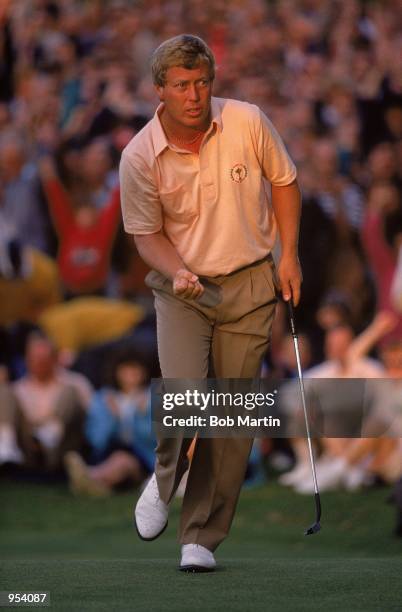 Howard Clark of the European team celebrates after sinking a putt on the 16th during the Saturday Afternoon Fourballs of the Ryder Cup at the Belfry...