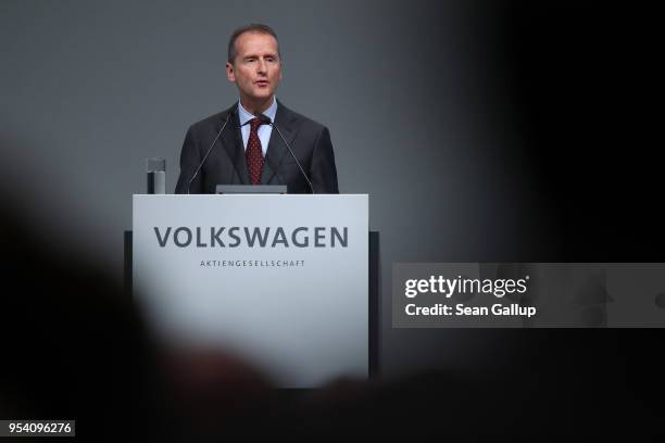 Herbert Diess, the newly-appointed chairman of German car manufacturer Volkswagen AG, speaks at the company's annual general shareholders' meeting on...