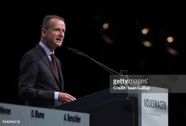 Herbert Diess, the newly-appointed chairman of German car manufacturer Volkswagen AG, speaks at the company's annual general shareholders' meeting on...