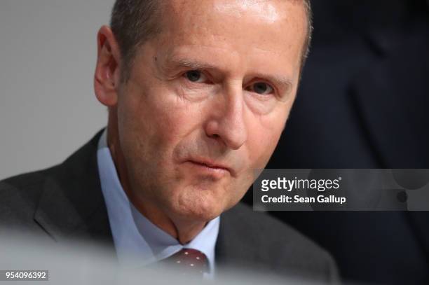 Herbert Diess, the newly-appointed chairman of German car manufacturer Volkswagen AG, arrives to speak at the company's annual general shareholders'...