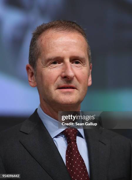 Herbert Diess, the newly-appointed chairman of German car manufacturer Volkswagen AG, arrives to speak at the company's annual general shareholders'...