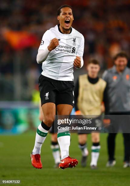 Virgil Van Dijk of Liverpool celebrates at full time during the UEFA Champions League Semi Final Second Leg match between A.S. Roma and Liverpool at...