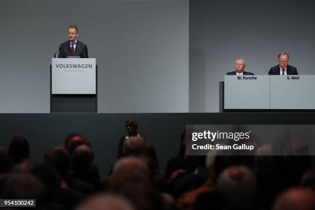 Herbert Diess , the newly-appointed chairman of German car manufacturer Volkswagen AG, speaks at the company's annual general shareholders' meeting...