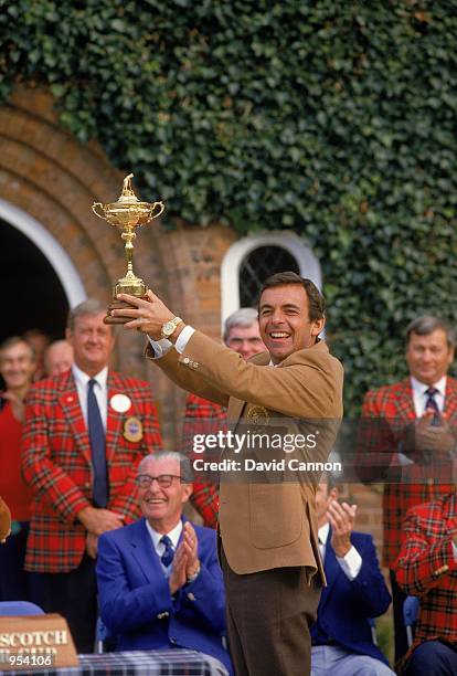 European team captain Tony Jacklin lfts the trophy after victory in the Ryder Cup at the Belfry in Sutton Coldfield, England. \ Mandatory Credit:...