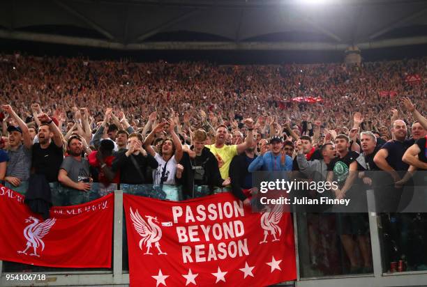 The Liverpool fans celebrate at full time during the UEFA Champions League Semi Final Second Leg match between A.S. Roma and Liverpool at Stadio...