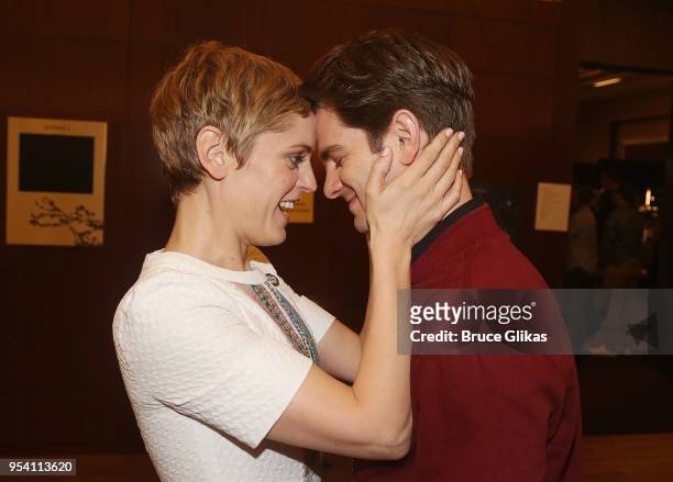 Denise Gough and Andrew Garfield pose at The 2018 Tony Award "Meet The Nominees" photo call & press junket at The Intercontinental New York Times...