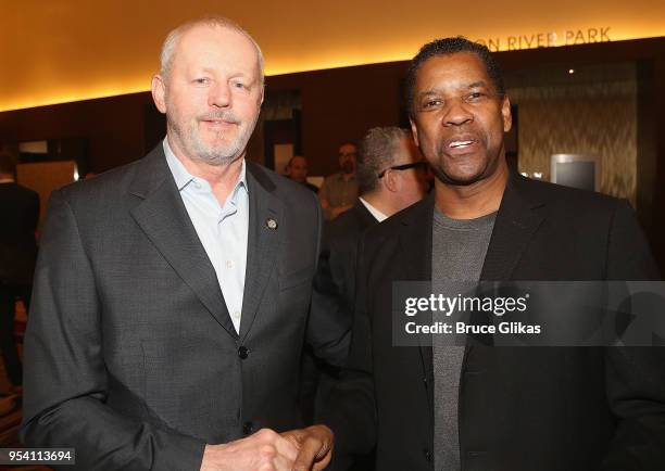 David Morse and Denzel Washington pose at The 2018 Tony Award "Meet The Nominees" photo call & press junket at The Intercontinental New York Times...