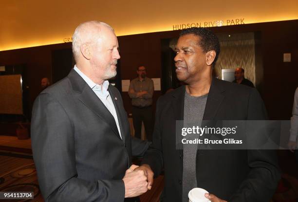 David Morse and Denzel Washington pose at The 2018 Tony Award "Meet The Nominees" photo call & press junket at The Intercontinental New York Times...