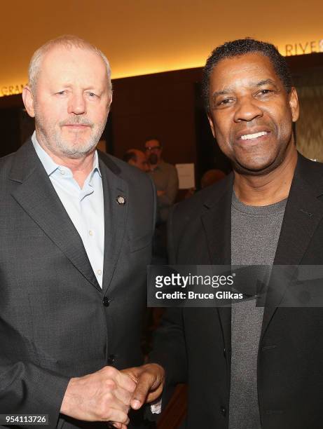 David Morse and Denzel Washington pose at The 2018 Tony Award "Meet The Nominees" photo call & press junket at The Intercontinental New York Times...