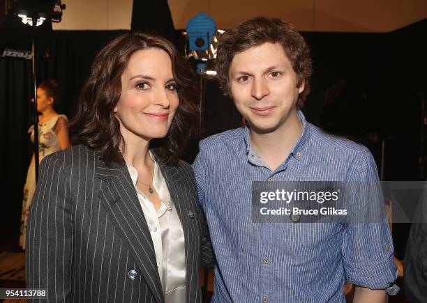 Tina Fey and Michael Cera pose at The 2018 Tony Award "Meet The Nominees" photo call & press junket at The Intercontinental New York Times Square on...