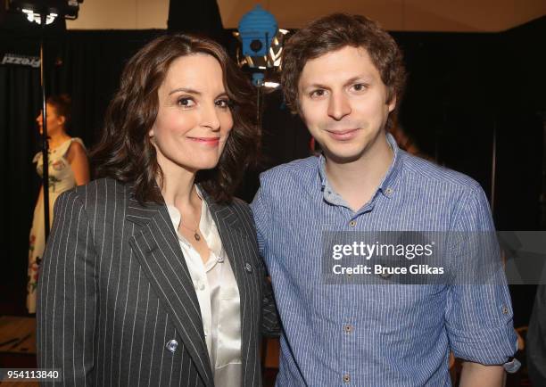 Tina Fey and Michael Cera pose at The 2018 Tony Award "Meet The Nominees" photo call & press junket at The Intercontinental New York Times Square on...