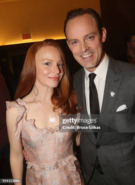 Lauren Ambrose and Harry Hadden-Paton pose at The 2018 Tony Award "Meet The Nominees" photo call & press junket at The Intercontinental New York...