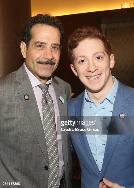Tony Shalhoub and Ethan Slater pose at The 2018 Tony Award "Meet The Nominees" photo call & press junket at The Intercontinental New York Times...