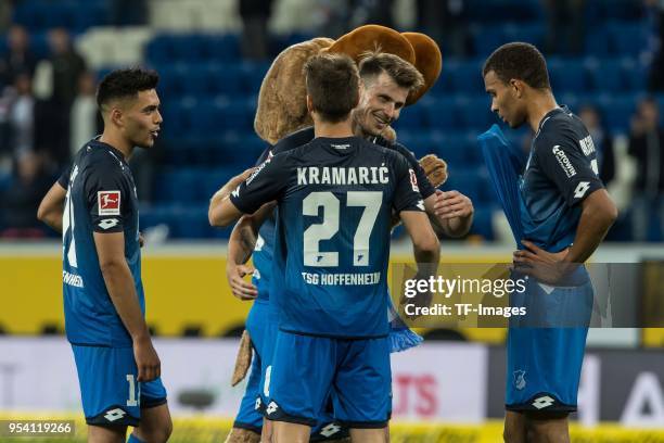 Havard Nordtveit of Hoffenheim and Andrej Kramaric of Hoffenheim celebrate after winning the Bundesliga match between TSG 1899 Hoffenheim and...