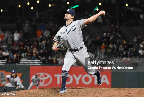 Brad Hand of the San Diego Padres pitches against the San Francisco Giants in the bottom of the ninth inning at AT&T Park on May 1, 2018 in San...