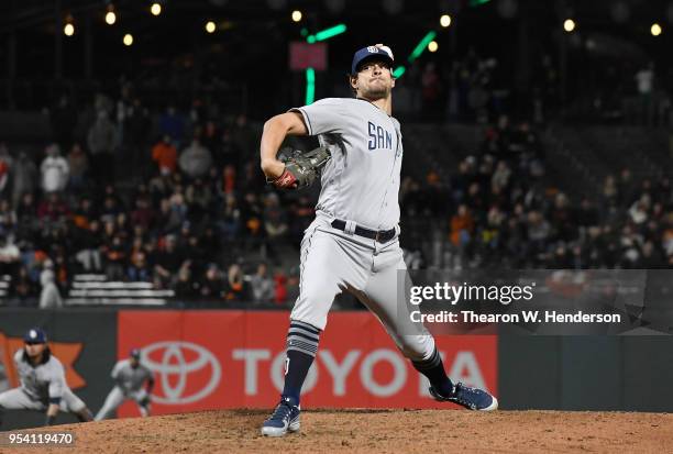 Brad Hand of the San Diego Padres pitches against the San Francisco Giants in the bottom of the ninth inning at AT&T Park on May 1, 2018 in San...