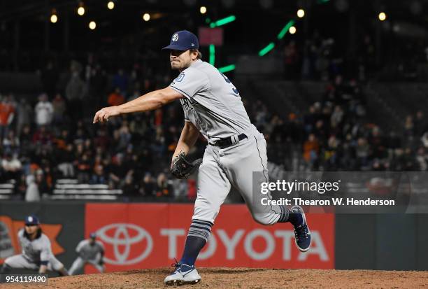 Brad Hand of the San Diego Padres pitches against the San Francisco Giants in the bottom of the ninth inning at AT&T Park on May 1, 2018 in San...