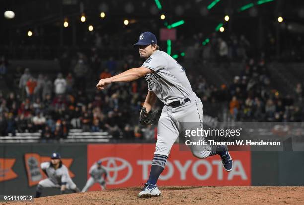 Brad Hand of the San Diego Padres pitches against the San Francisco Giants in the bottom of the ninth inning at AT&T Park on May 1, 2018 in San...