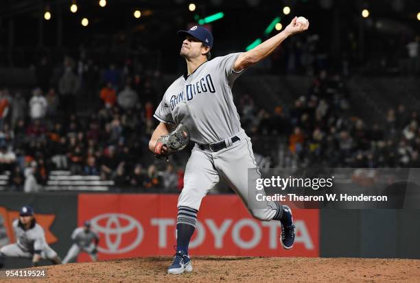 Brad Hand of the San Diego Padres pitches against the San Francisco Giants in the bottom of the ninth inning at AT&T Park on May 1, 2018 in San...