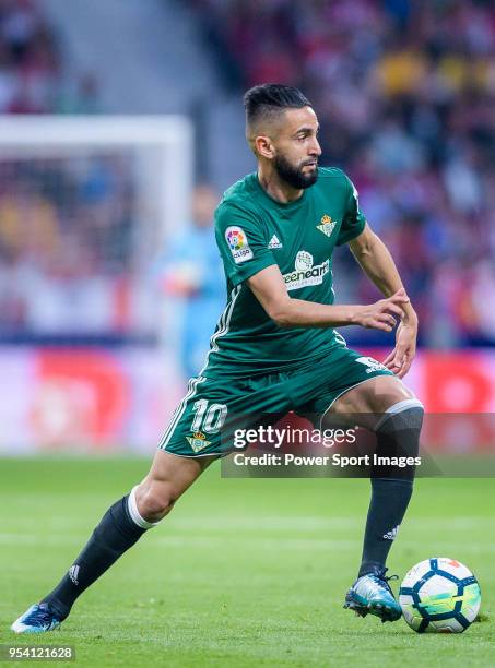 Ryad Boudebouz of Real Betis in action during the La Liga match between Atletico Madrid and Real Betis at Wanda Metropolitano on April 22, 2018 in...