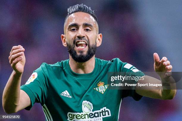 Ryad Boudebouz of Real Betis gestures during the La Liga match between Atletico Madrid and Real Betis at Wanda Metropolitano on April 22, 2018 in...