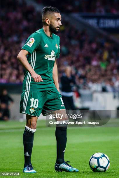 Ryad Boudebouz of Real Betis in action during the La Liga match between Atletico Madrid and Real Betis at Wanda Metropolitano on April 22, 2018 in...