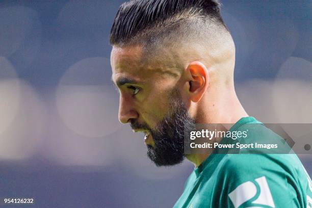 Ryad Boudebouz of Real Betis reacts during the La Liga match between Atletico Madrid and Real Betis at Wanda Metropolitano on April 22, 2018 in...
