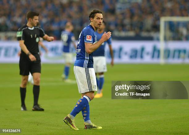 Benjamin Stambouli of Schalke gestures during the Bundesliga match between FC Schalke 04 and Borussia Moenchengladbach at Veltins-Arena on April 28,...