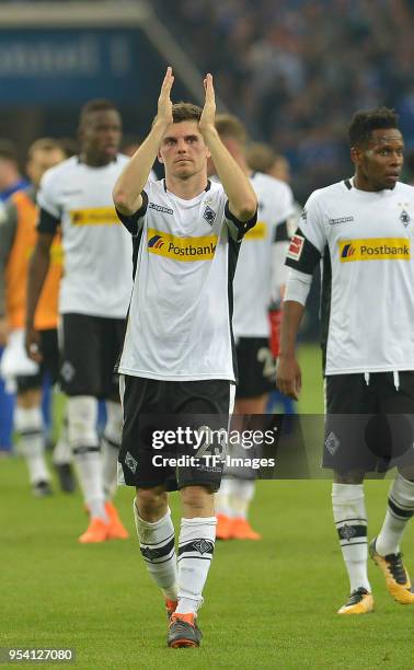 Jonas Hofmann of Moenchengladbach gestures after the Bundesliga match between FC Schalke 04 and Borussia Moenchengladbach at Veltins-Arena on April...